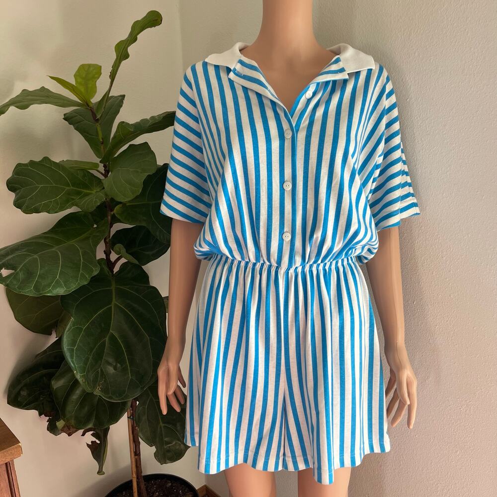 Vintage 80s blue and white striped romper